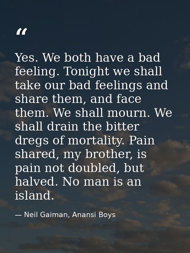 Yes. We both have a bad feeling. Tonight we shall take our bad feelings and share them, and face them. We shall mourn. W — Neil Gaiman, Anansi Boys