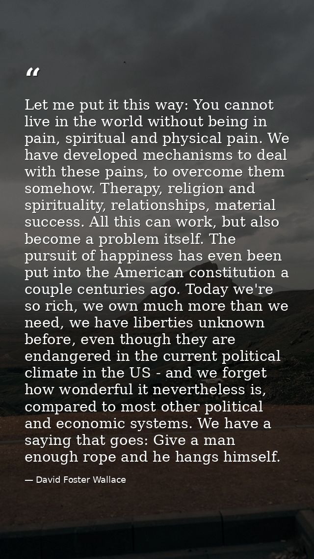 Let me put it this way: You cannot live in the world without being in pain, spiritual and physical pain. We have develop — David Foster Wallace