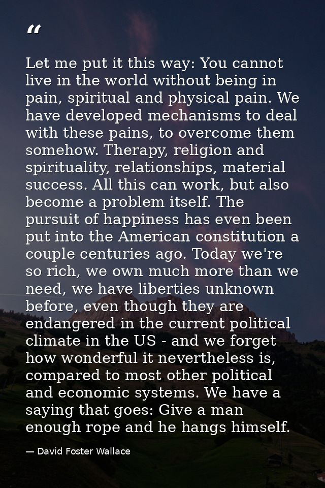 Let me put it this way: You cannot live in the world without being in pain, spiritual and physical pain. We have develop — David Foster Wallace