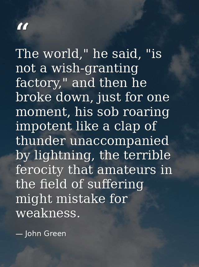 The world," he said, "is not a wish-granting factory," and then he broke down, just for one moment, his sob roaring impo — John Green