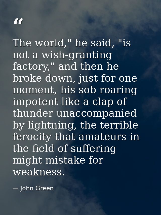The world," he said, "is not a wish-granting factory," and then he broke down, just for one moment, his sob roaring impo — John Green