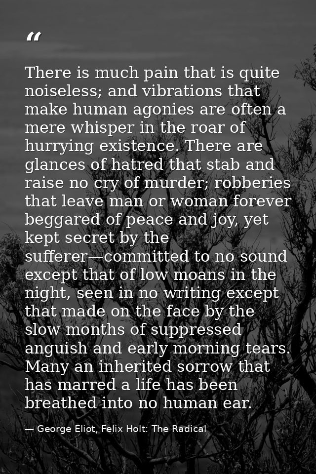 There is much pain that is quite noiseless; and vibrations that make human agonies are often a mere whisper in the roar  — George Eliot, Felix Holt: The Radical