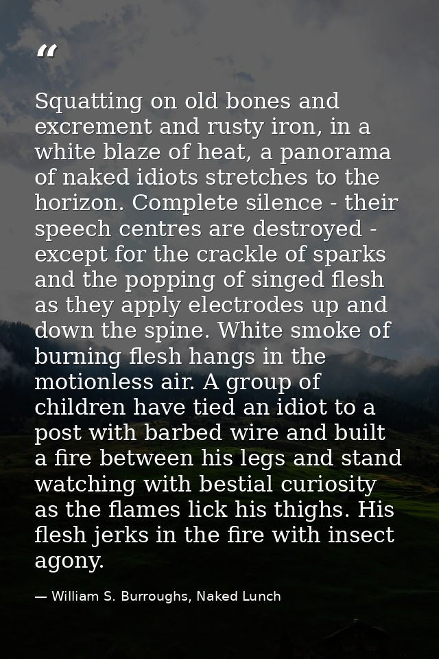 Squatting on old bones and excrement and rusty iron, in a white blaze of heat, a panorama of naked idiots stretches to t — William S. Burroughs, Naked Lunch