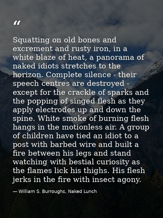 Squatting on old bones and excrement and rusty iron, in a white blaze of heat, a panorama of naked idiots stretches to t — William S. Burroughs, Naked Lunch