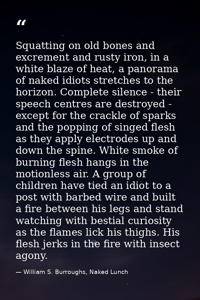 Squatting on old bones and excrement and rusty iron, in a white blaze of heat, a panorama of naked idiots stretches to t — William S. Burroughs, Naked Lunch