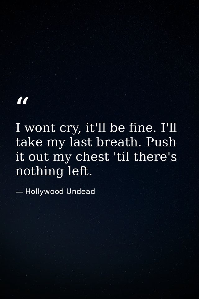 I wont cry, it'll be fine. I'll take my last breath. Push it out my chest 'til there's nothing left. — Hollywood Undead
