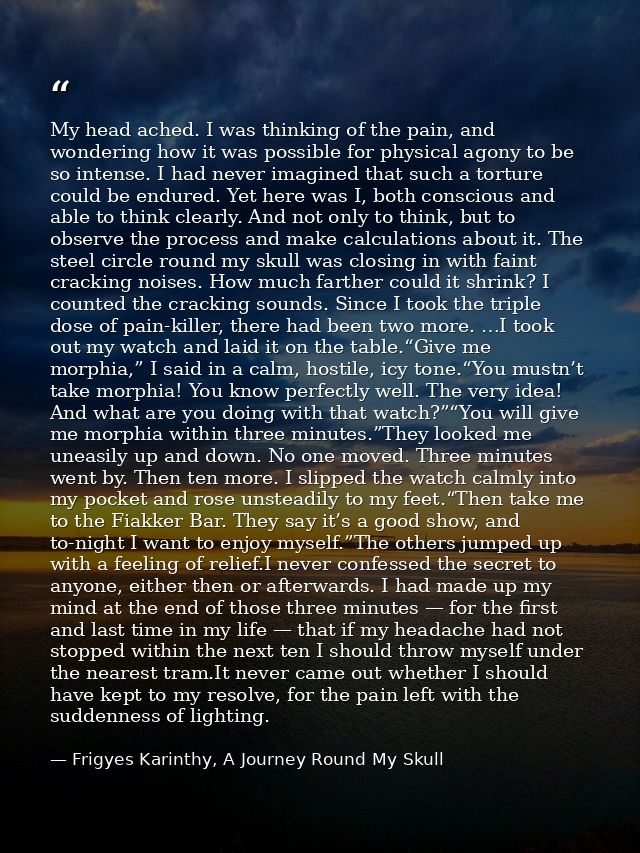 My head ached. I was thinking of the pain, and wondering how it was possible for physical agony to be so intense. I had  — Frigyes Karinthy, A Journey Round My Skull