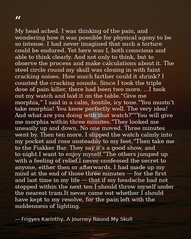 My head ached. I was thinking of the pain, and wondering how it was possible for physical agony to be so intense. I had  — Frigyes Karinthy, A Journey Round My Skull