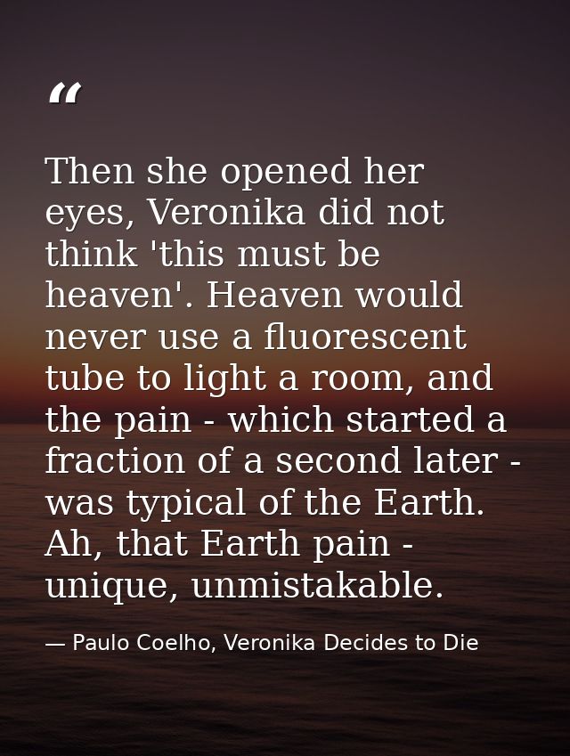 Then she opened her eyes, Veronika did not think 'this must be heaven'. Heaven would never use a fluorescent tube to lig — Paulo Coelho, Veronika Decides to Die