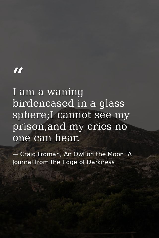 I am a waning birdencased in a glass sphere;I cannot see my prison,and my cries no one can hear. — Craig Froman, An Owl on the Moon: A Journal from the Edge of Darkness