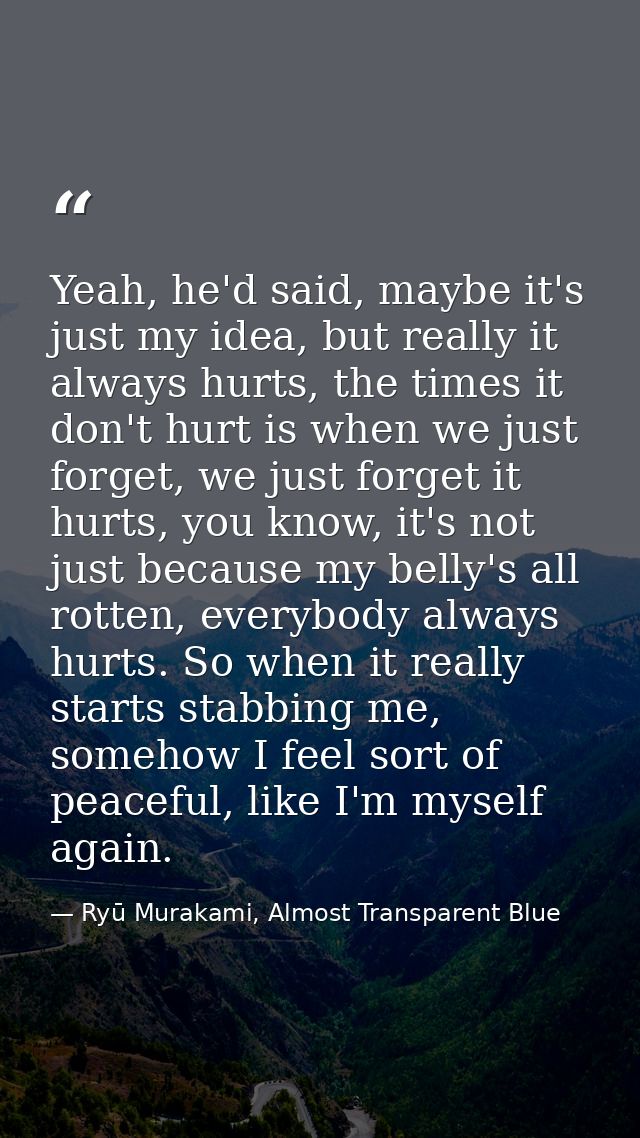 Yeah, he'd said, maybe it's just my idea, but really it always hurts, the times it don't hurt is when we just forget, we — Ryū Murakami, Almost Transparent Blue