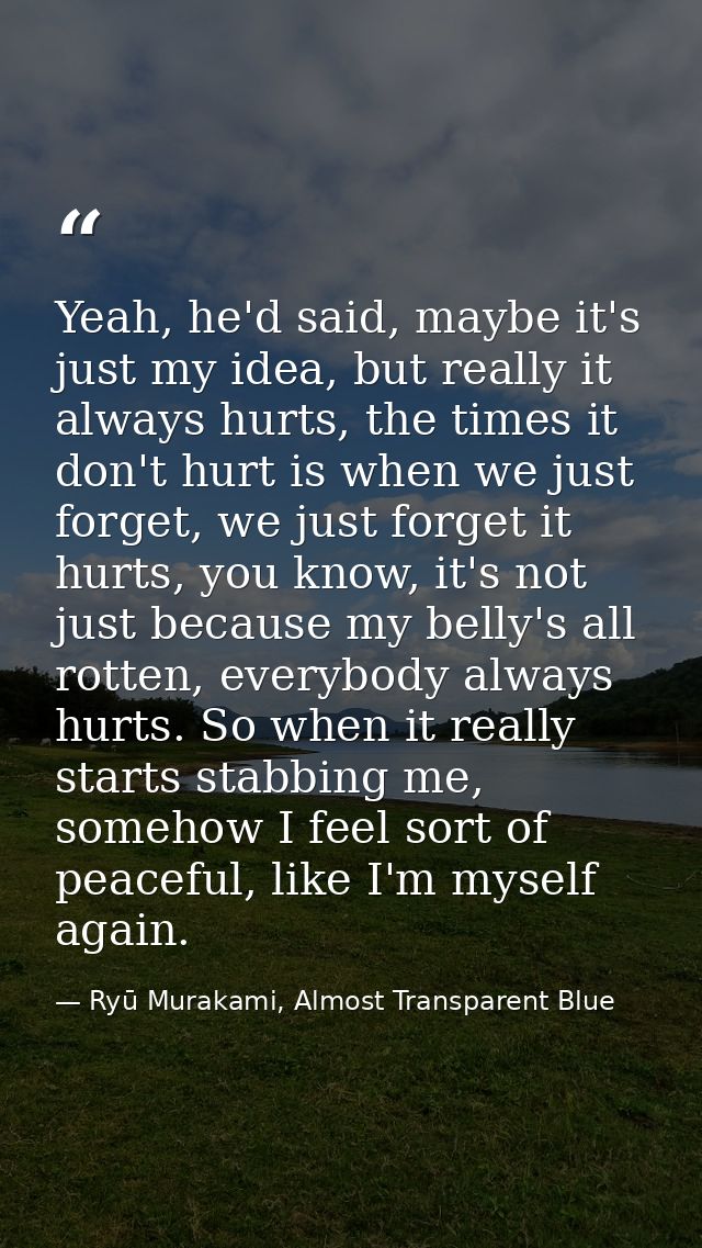 Yeah, he'd said, maybe it's just my idea, but really it always hurts, the times it don't hurt is when we just forget, we — Ryū Murakami, Almost Transparent Blue