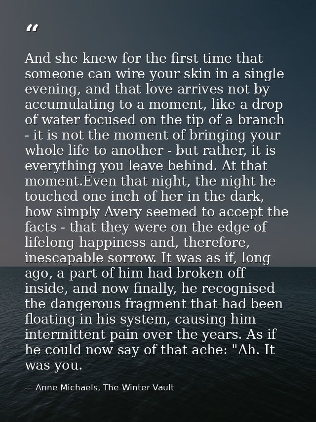 And she knew for the first time that someone can wire your skin in a single evening, and that love arrives not by accumu — Anne Michaels, The Winter Vault