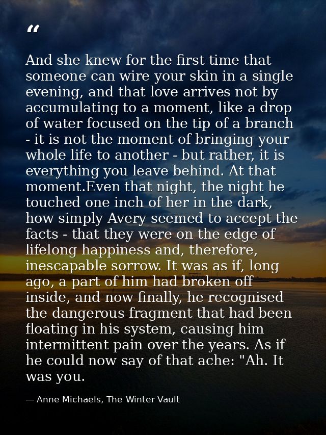 And she knew for the first time that someone can wire your skin in a single evening, and that love arrives not by accumu — Anne Michaels, The Winter Vault