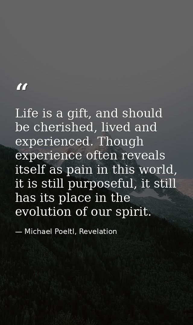 Life is a gift, and should be cherished, lived and experienced. Though experience often reveals itself as pain in this w — Michael Poeltl, Revelation