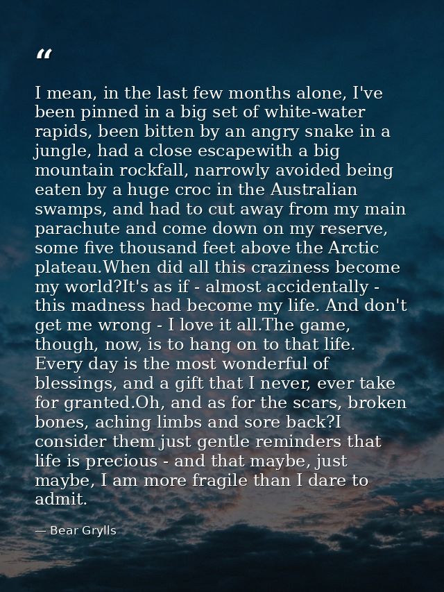 I mean, in the last few months alone, I've been pinned in a big set of white-water rapids, been bitten by an angry snake — Bear Grylls