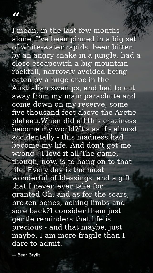 I mean, in the last few months alone, I've been pinned in a big set of white-water rapids, been bitten by an angry snake — Bear Grylls