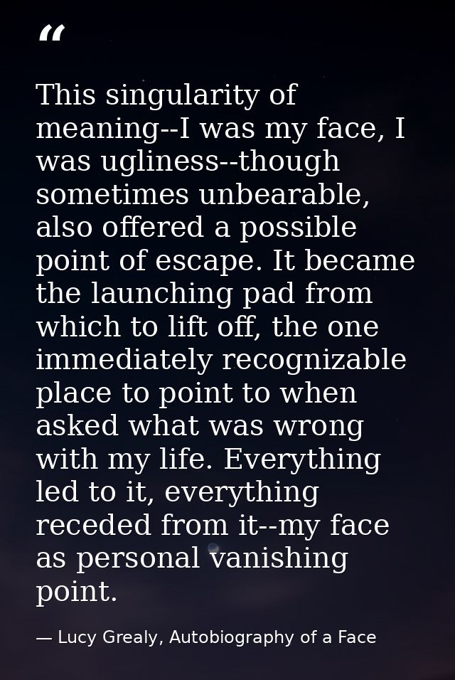 This singularity of meaning--I was my face, I was ugliness--though sometimes unbearable, also offered a possible point o — Lucy Grealy, Autobiography of a Face