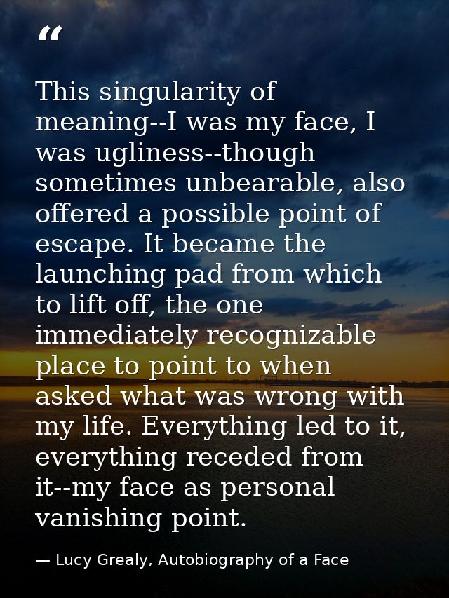 This singularity of meaning--I was my face, I was ugliness--though sometimes unbearable, also offered a possible point o — Lucy Grealy, Autobiography of a Face