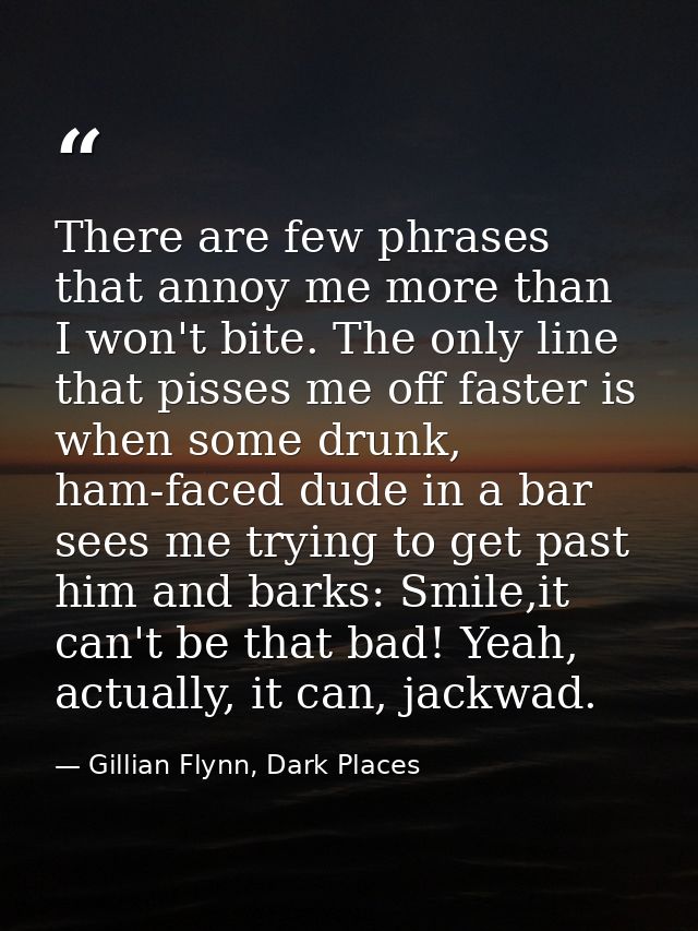 There are few phrases that annoy me more than I won't bite. The only line that pisses me off faster is when some drunk,  — Gillian Flynn, Dark Places