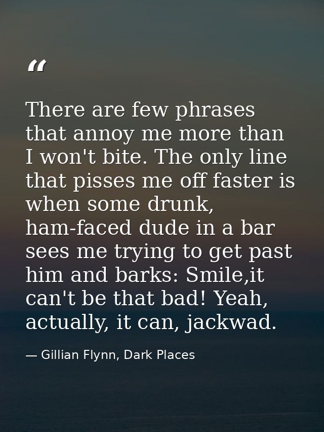 There are few phrases that annoy me more than I won't bite. The only line that pisses me off faster is when some drunk,  — Gillian Flynn, Dark Places