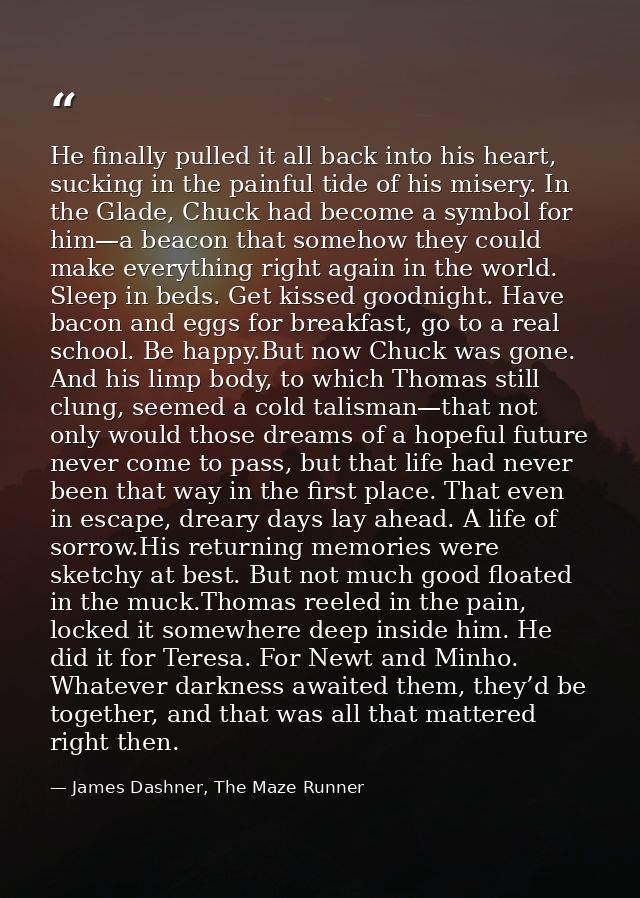 He finally pulled it all back into his heart, sucking in the painful tide of his misery. In the Glade, Chuck had become  — James Dashner, The Maze Runner