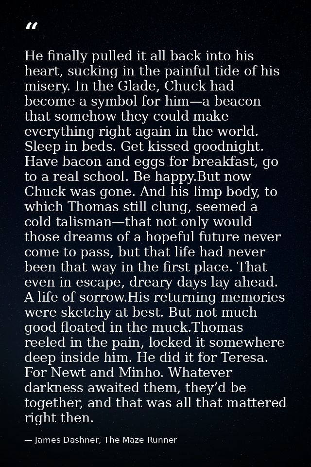 He finally pulled it all back into his heart, sucking in the painful tide of his misery. In the Glade, Chuck had become  — James Dashner, The Maze Runner