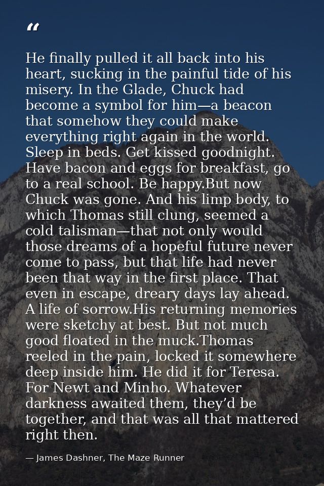He finally pulled it all back into his heart, sucking in the painful tide of his misery. In the Glade, Chuck had become  — James Dashner, The Maze Runner