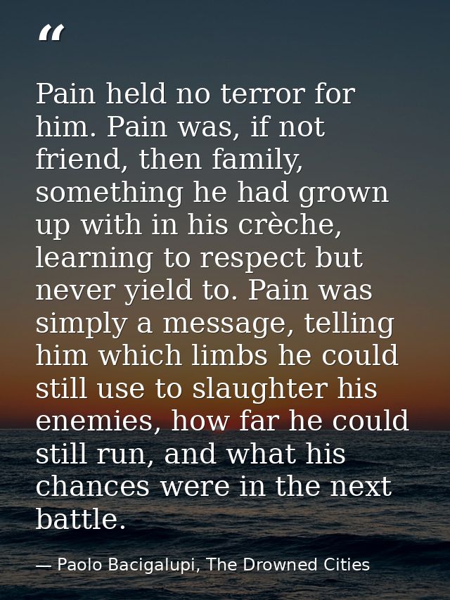 Pain held no terror for him. Pain was, if not friend, then family, something he had grown up with in his crèche, learnin — Paolo Bacigalupi, The Drowned Cities
