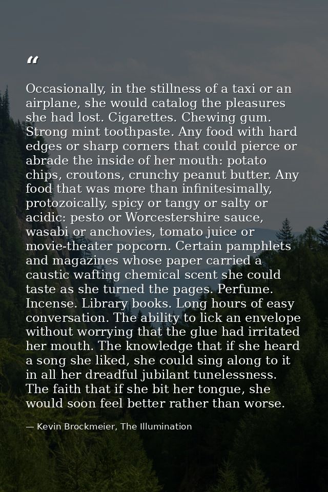 Occasionally, in the stillness of a taxi or an airplane, she would catalog the pleasures she had lost. Cigarettes. Chewi — Kevin Brockmeier, The Illumination