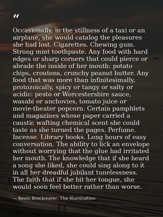 Occasionally, in the stillness of a taxi or an airplane, she would catalog the pleasures she had lost. Cigarettes. Chewi — Kevin Brockmeier, The Illumination