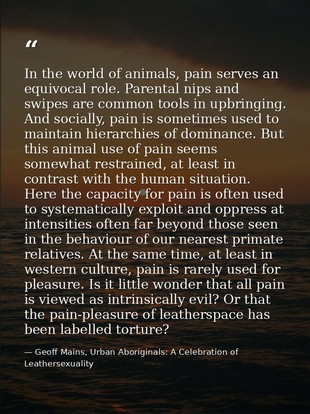 In the world of animals, pain serves an equivocal role. Parental nips and swipes are common tools in upbringing. And soc — Geoff Mains, Urban Aboriginals: A Celebration of Leathersexuality