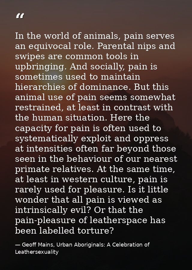 In the world of animals, pain serves an equivocal role. Parental nips and swipes are common tools in upbringing. And soc — Geoff Mains, Urban Aboriginals: A Celebration of Leathersexuality