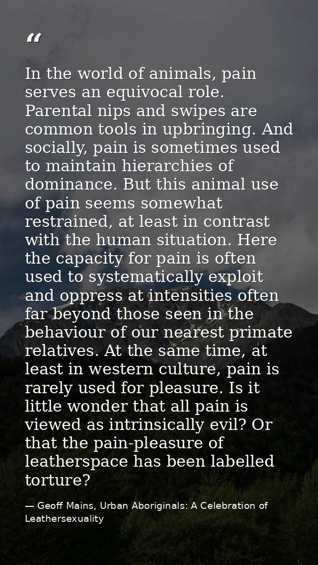 In the world of animals, pain serves an equivocal role. Parental nips and swipes are common tools in upbringing. And soc — Geoff Mains, Urban Aboriginals: A Celebration of Leathersexuality