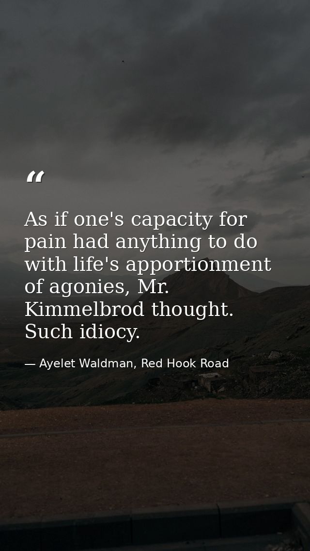 As if one's capacity for pain had anything to do with life's apportionment of agonies, Mr. Kimmelbrod thought. Such idio — Ayelet Waldman, Red Hook Road