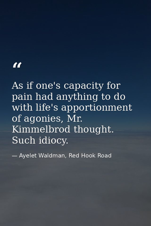 As if one's capacity for pain had anything to do with life's apportionment of agonies, Mr. Kimmelbrod thought. Such idio — Ayelet Waldman, Red Hook Road