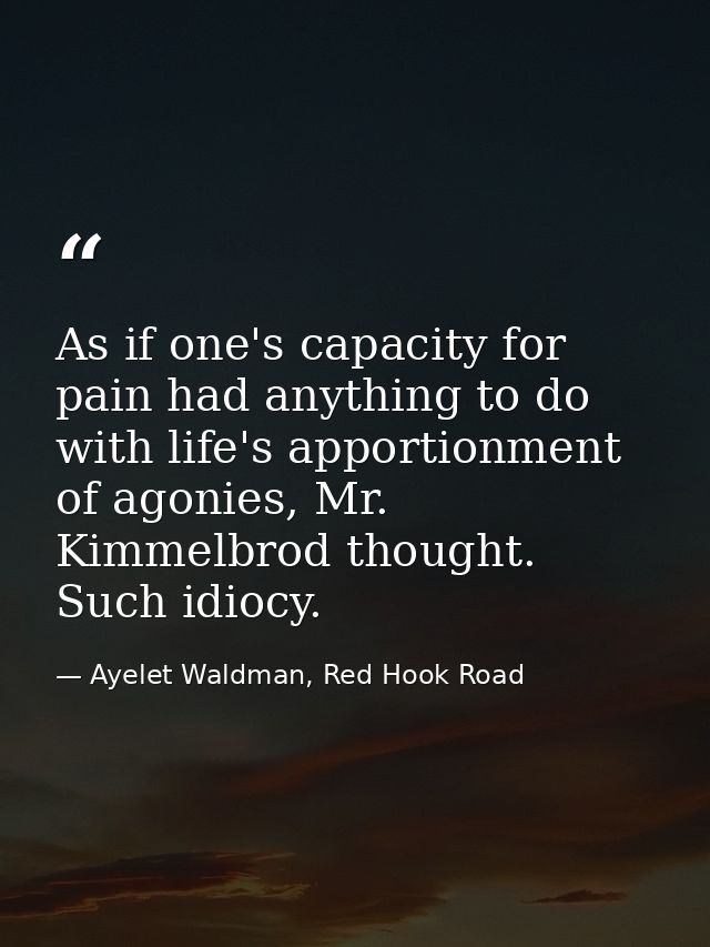 As if one's capacity for pain had anything to do with life's apportionment of agonies, Mr. Kimmelbrod thought. Such idio — Ayelet Waldman, Red Hook Road
