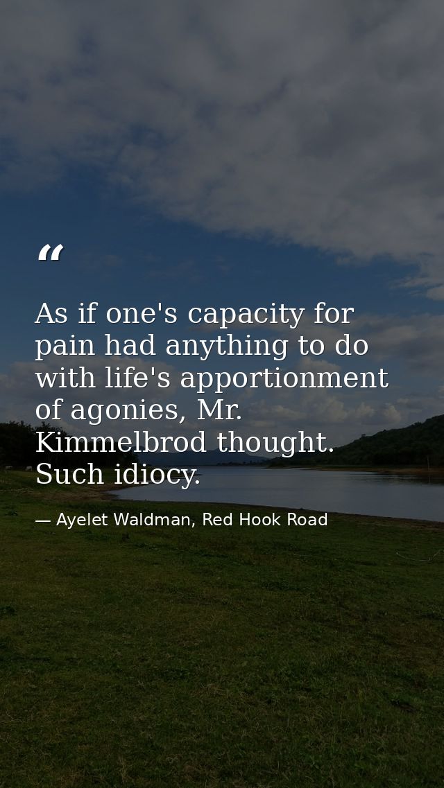 As if one's capacity for pain had anything to do with life's apportionment of agonies, Mr. Kimmelbrod thought. Such idio — Ayelet Waldman, Red Hook Road