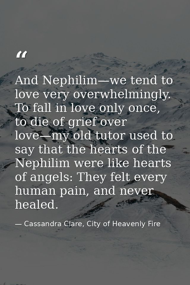 And Nephilim—we tend to love very overwhelmingly. To fall in love only once, to die of grief over love—my old tutor used — Cassandra Clare, City of Heavenly Fire