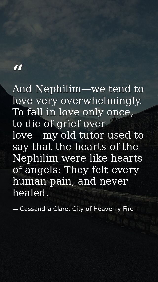 And Nephilim—we tend to love very overwhelmingly. To fall in love only once, to die of grief over love—my old tutor used — Cassandra Clare, City of Heavenly Fire