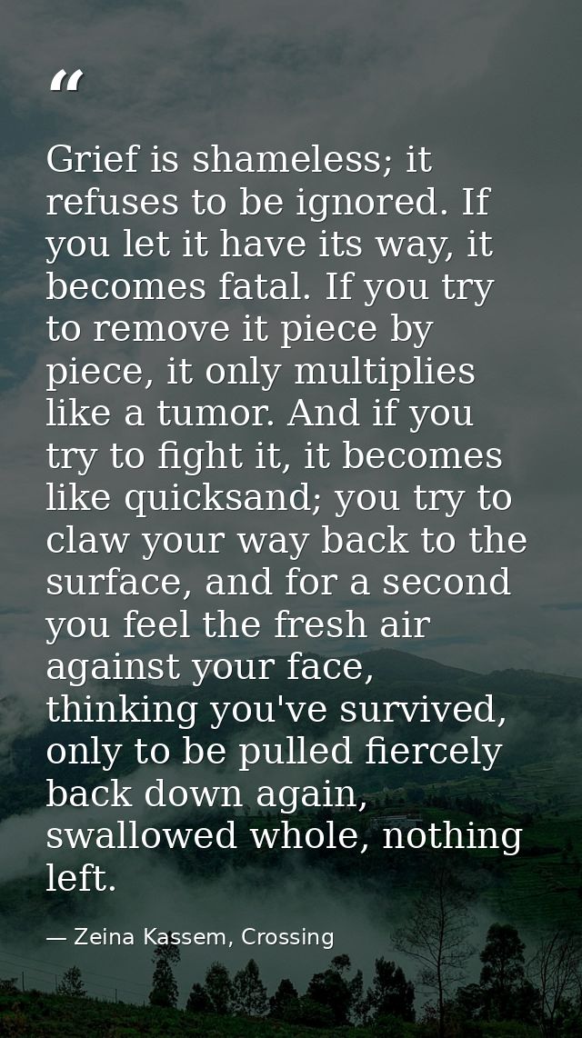 Grief is shameless; it refuses to be ignored. If you let it have its way, it becomes fatal. If you try to remove it piec — Zeina Kassem, Crossing