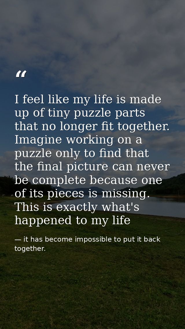 I feel like my life is made up of tiny puzzle parts that no longer fit together. Imagine working on a puzzle only to fin — it has become impossible to put it back together.