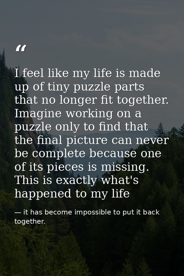 I feel like my life is made up of tiny puzzle parts that no longer fit together. Imagine working on a puzzle only to fin — it has become impossible to put it back together.
