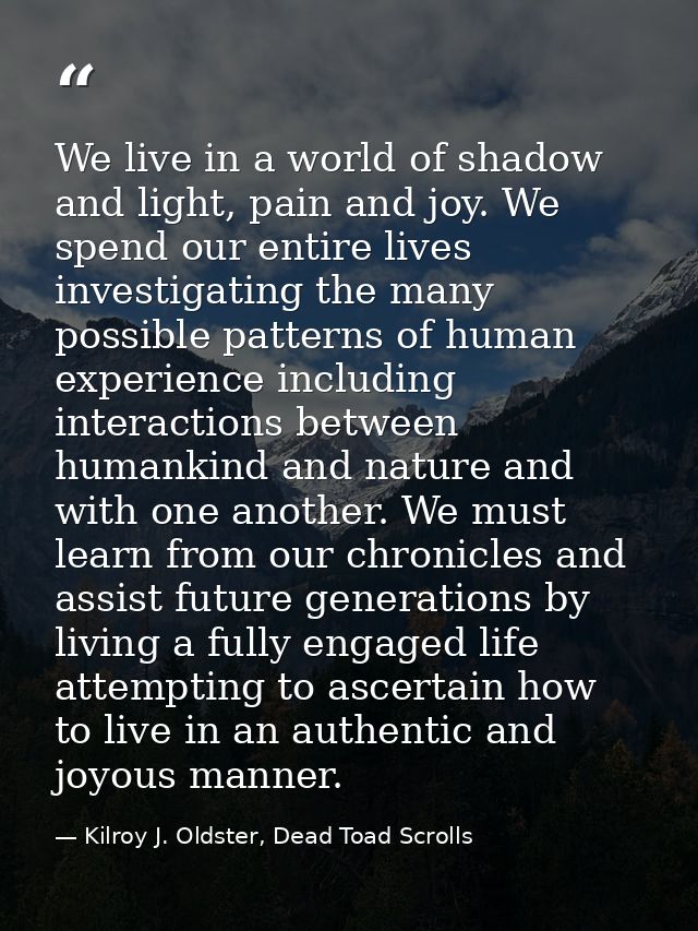 We live in a world of shadow and light, pain and joy. We spend our entire lives investigating the many possible patterns — Kilroy J. Oldster, Dead Toad Scrolls
