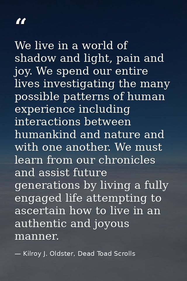 We live in a world of shadow and light, pain and joy. We spend our entire lives investigating the many possible patterns — Kilroy J. Oldster, Dead Toad Scrolls