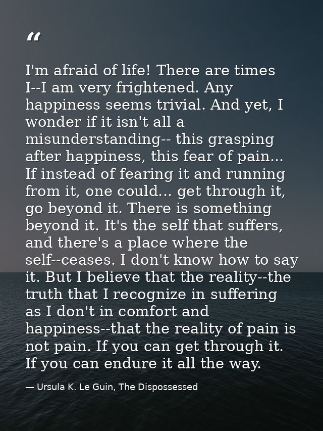 I'm afraid of life! There are times I--I am very frightened. Any happiness seems trivial. And yet, I wonder if it isn't  — Ursula K. Le Guin, The Dispossessed