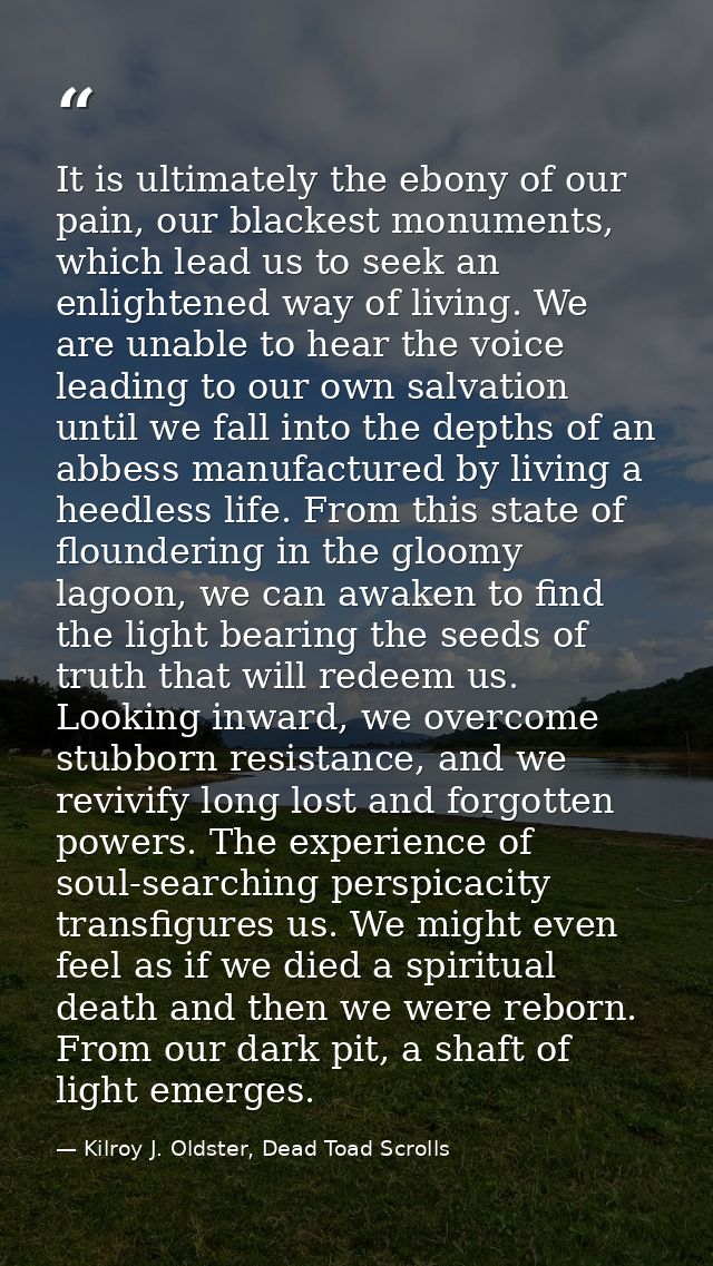 It is ultimately the ebony of our pain, our blackest monuments, which lead us to seek an enlightened way of living. We a — Kilroy J. Oldster, Dead Toad Scrolls
