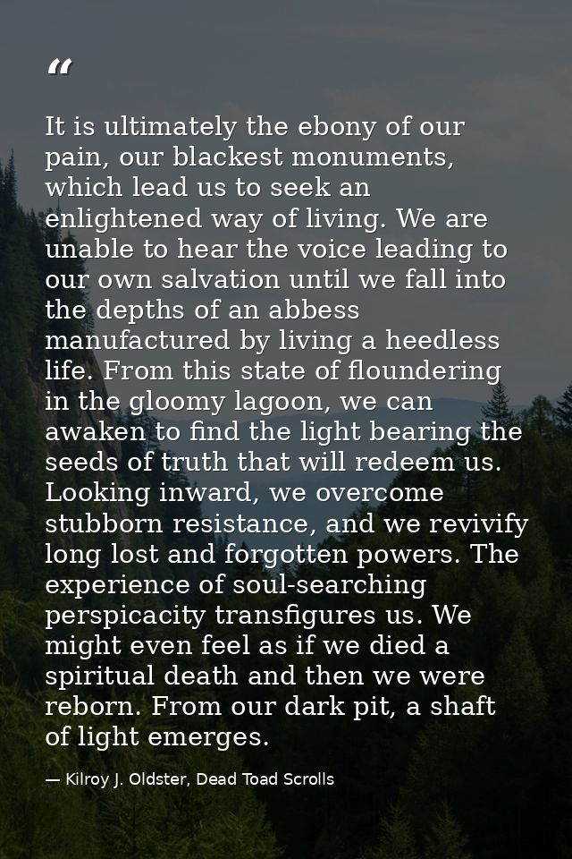 It is ultimately the ebony of our pain, our blackest monuments, which lead us to seek an enlightened way of living. We a — Kilroy J. Oldster, Dead Toad Scrolls