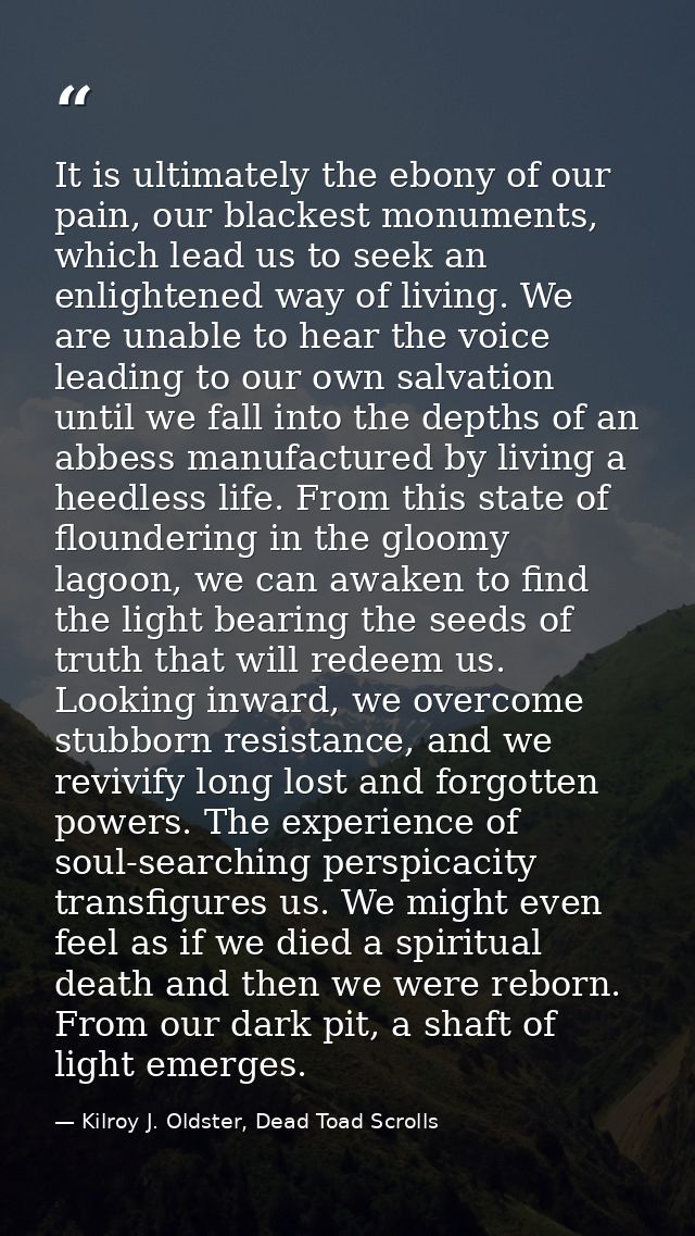 It is ultimately the ebony of our pain, our blackest monuments, which lead us to seek an enlightened way of living. We a — Kilroy J. Oldster, Dead Toad Scrolls