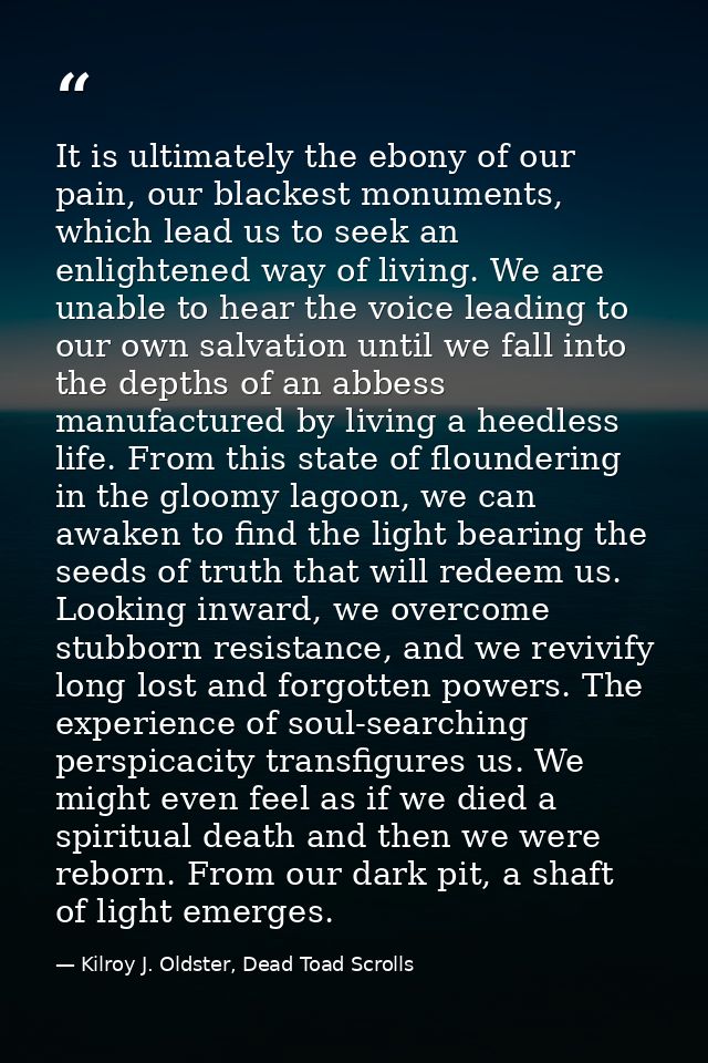 It is ultimately the ebony of our pain, our blackest monuments, which lead us to seek an enlightened way of living. We a — Kilroy J. Oldster, Dead Toad Scrolls
